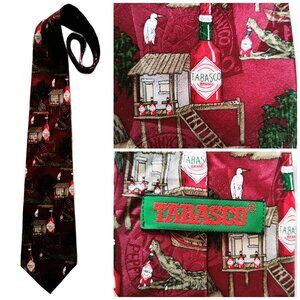 Vintage 90s Tabasco Hot Sauce Silk Tie Alligators Swamp Hut Print